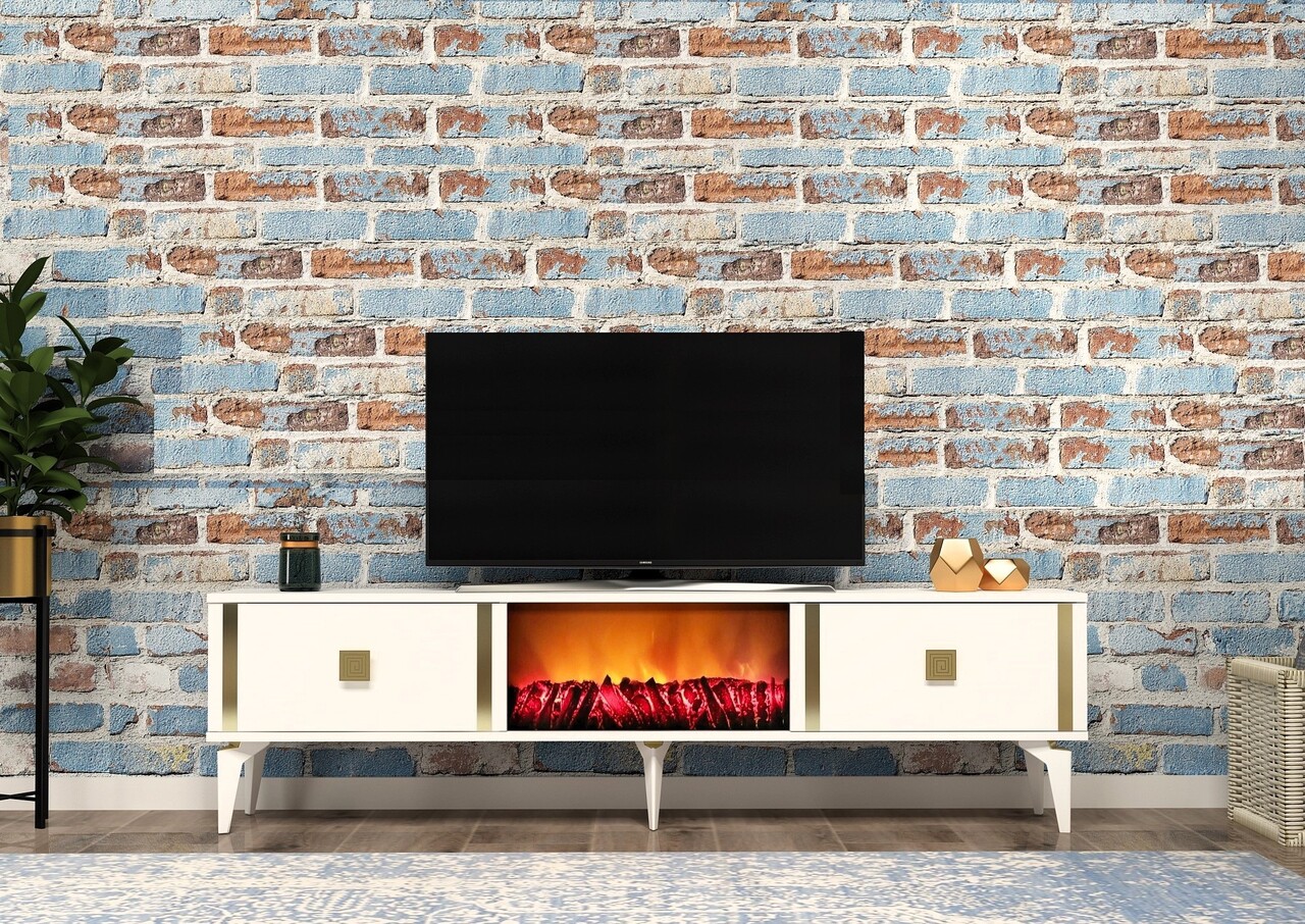 Comoda TV, Hanah Home, Doruk Fireplace, 150x44.6x29.6 cm, Alb/Auriu - imagine 7